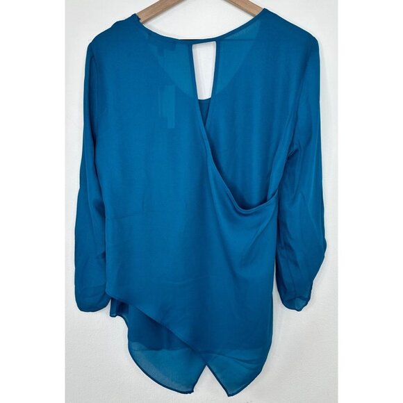 Melissa Paige Blouse Women Large Blue Long Roll Tab Sleeve Cross Back NWT - Picture 4 of 10